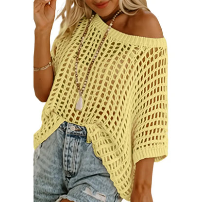 🔥Last day promotion🔥Women's Scoop Neck Crochet Knit Short Sleeve Sweater Top