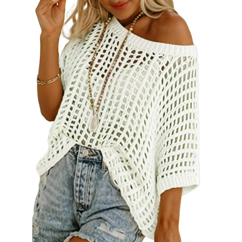 🔥Last day promotion🔥Women's Scoop Neck Crochet Knit Short Sleeve Sweater Top