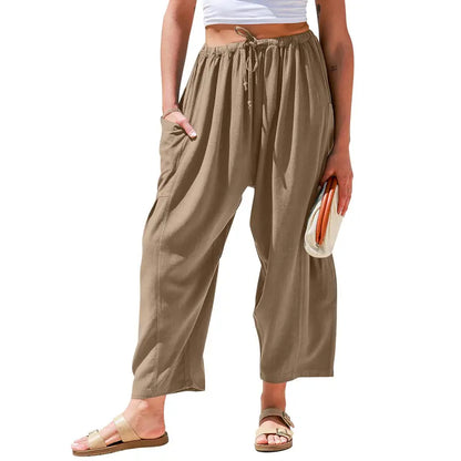New Hot 2026🔥Women's Linen Wide Leg Pants Casual Loose Drawstring Low Waist with Pockets