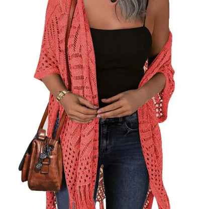 💖Women’s Oversized Knit Cardigan | Open Front Hollow Out Crochet Tassel Lightweight Summer Kimono