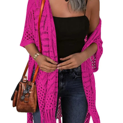 💖Women’s Oversized Knit Cardigan | Open Front Hollow Out Crochet Tassel Lightweight Summer Kimono