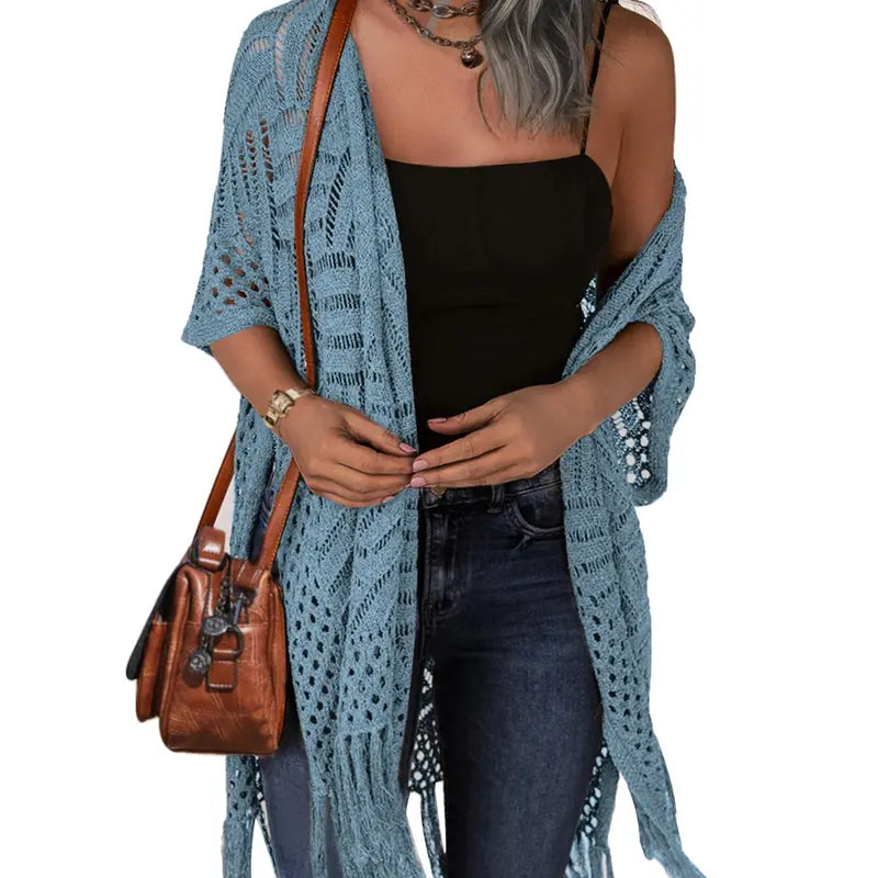 💖Women’s Oversized Knit Cardigan | Open Front Hollow Out Crochet Tassel Lightweight Summer Kimono