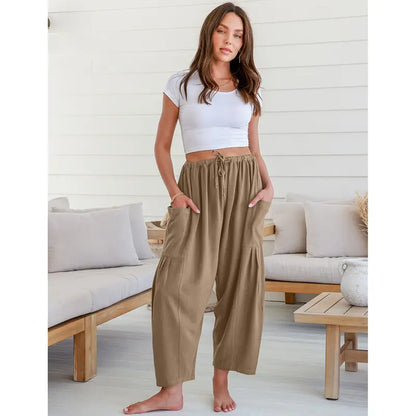 New Hot 2026🔥Women's Linen Wide Leg Pants Casual Loose Drawstring Low Waist with Pockets