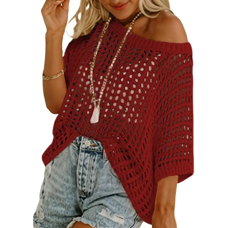 🔥Last day promotion🔥Women's Scoop Neck Crochet Knit Short Sleeve Sweater Top