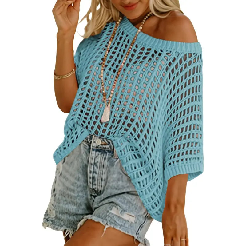 🔥Last day promotion🔥Women's Scoop Neck Crochet Knit Short Sleeve Sweater Top