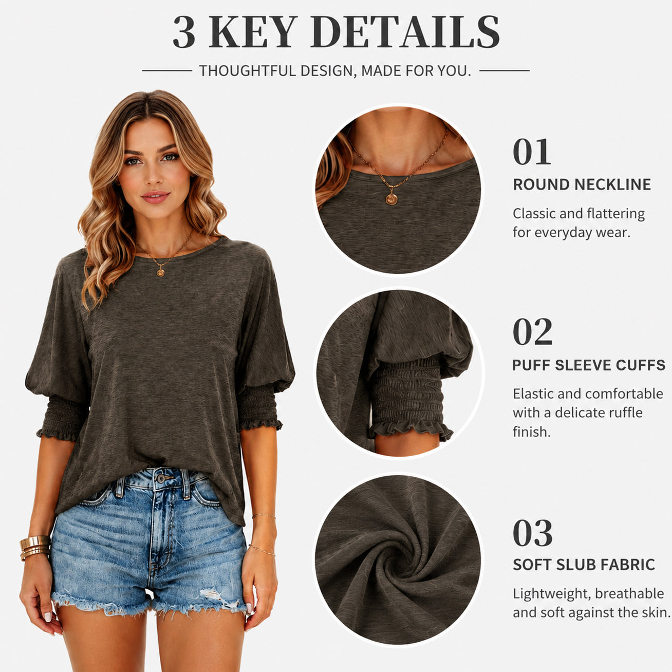 ⭐Women's 3/4 Sleeve Casual Tops – Super Soft Crewneck Blouse | Lightweight Summer Everyday Shirt
