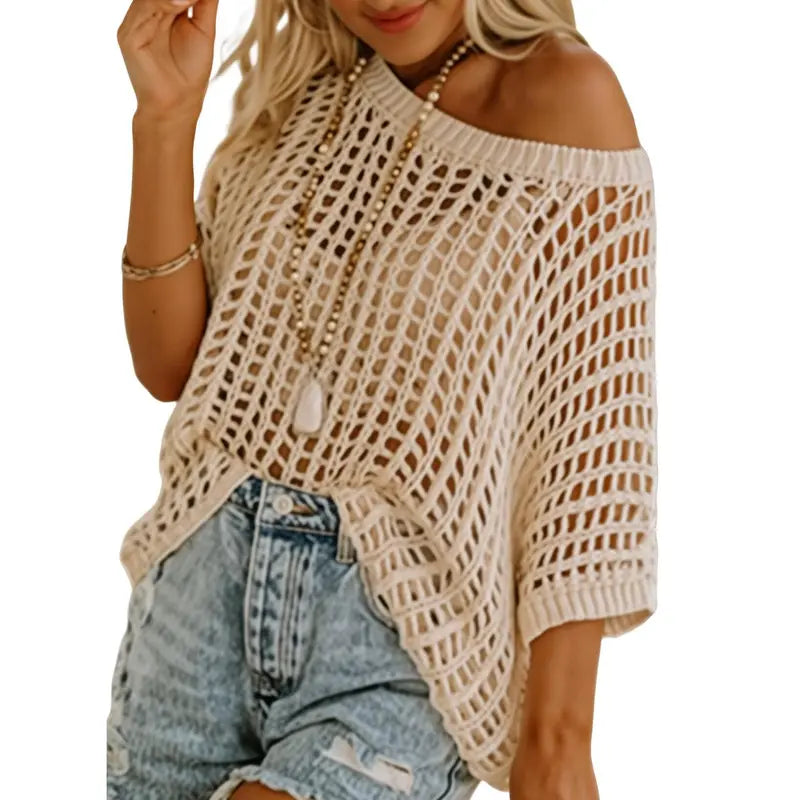 🔥Last day promotion🔥Women's Scoop Neck Crochet Knit Short Sleeve Sweater Top