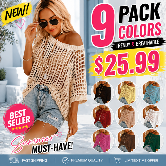 🔥Last day promotion🔥Women's Scoop Neck Crochet Knit Short Sleeve Sweater Top