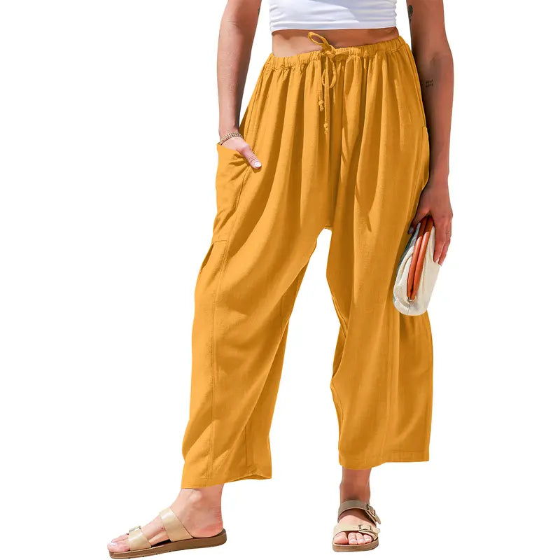 New Hot 2026🔥Women's Linen Wide Leg Pants Casual Loose Drawstring Low Waist with Pockets