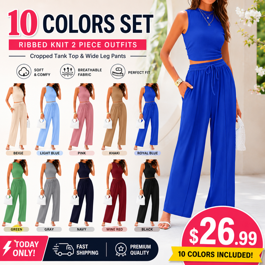 Women Summer 2 Piece Outfits Ribbed Knit Cropped Top Elastic Waist Wide Leg Pants Lounge Set