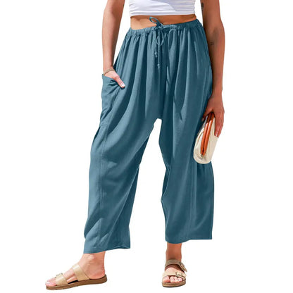 New Hot 2026🔥Women's Linen Wide Leg Pants Casual Loose Drawstring Low Waist with Pockets