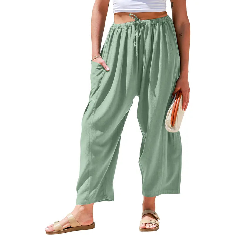 New Hot 2026🔥Women's Linen Wide Leg Pants Casual Loose Drawstring Low Waist with Pockets