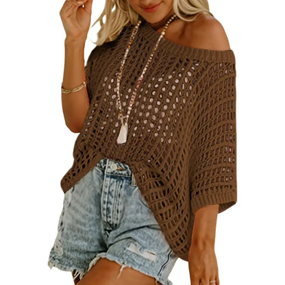 🔥Last day promotion🔥Women's Scoop Neck Crochet Knit Short Sleeve Sweater Top