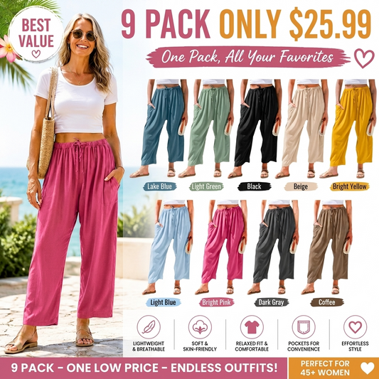 New Hot 2026🔥Women's Linen Wide Leg Pants Casual Loose Drawstring Low Waist with Pockets