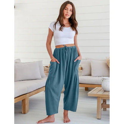 New Hot 2026🔥Women's Linen Wide Leg Pants Casual Loose Drawstring Low Waist with Pockets
